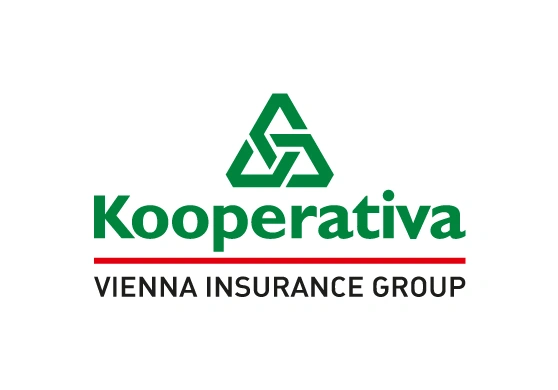 Kooperativa: Logo Kooperativa, zelený trojúhelníkový symbol a nápis, podtržené červenou linkou, text Vienna Insurance Group.