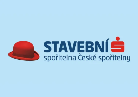 Stavební spořitelna ČS: Logo Stavební spořitelny České spořitelny, červený klobouk a modro červený nápis na světle modrém pozadí.
